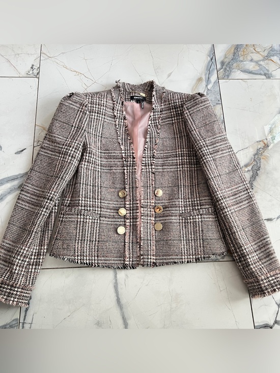 Dkny Jackets & Blazers - DKNY Pink and Black Plaid Tweed Blazer with Puff Sleeves size 8